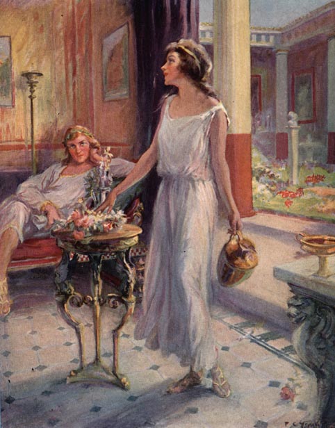 Feeling about the room until she found the table, that stood by Glaucus,  she laid the basket on it