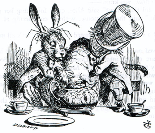The Mad Hatter and the March Hare stuff the Doormouse into the teapot