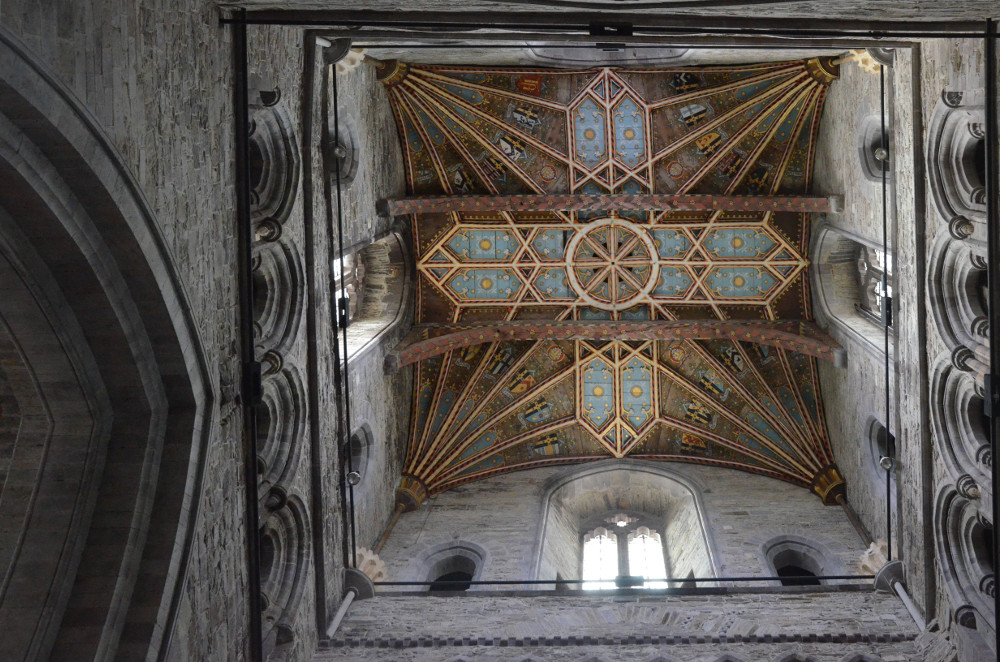 Painted ceiling of the square central tower, St. Davids Cathedral