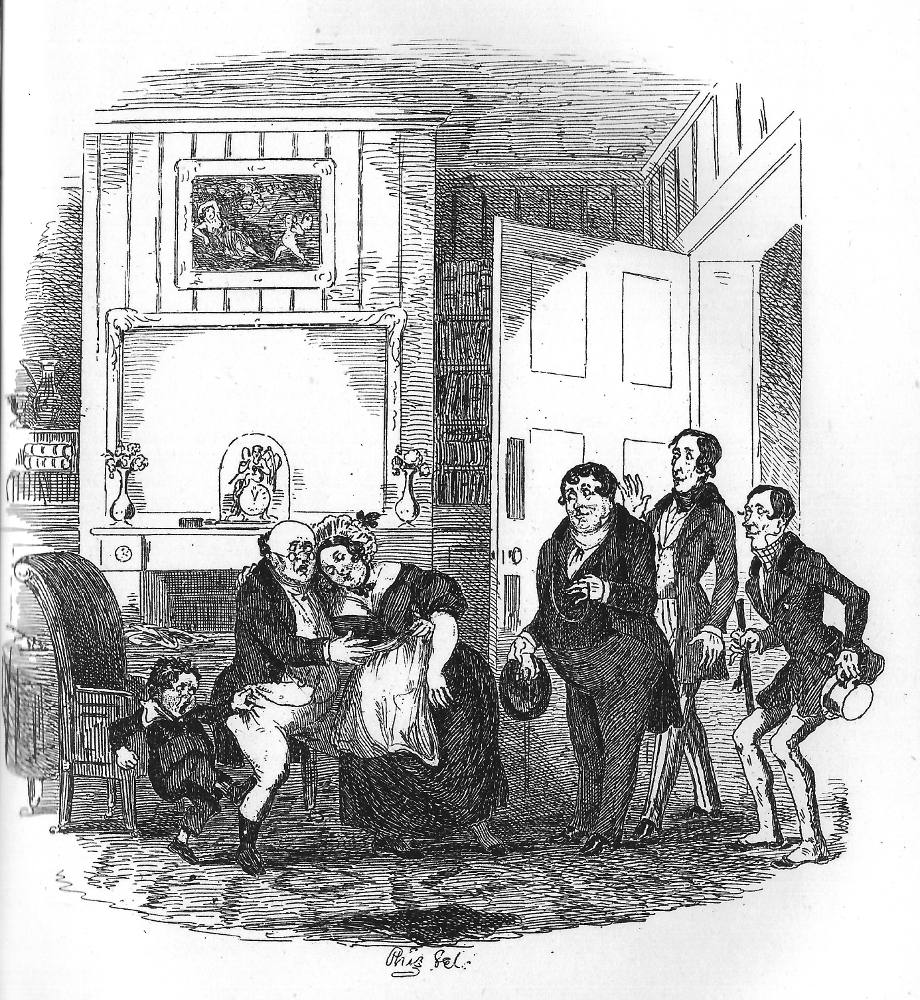 "Mrs. Bardell faints in Mr. Pickwick's arms" — illustration for Dickens
