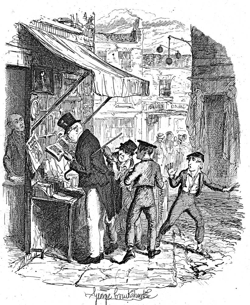 1885 illustration - Oliver Twist The story of an orphan Oliver Twist, who  is sold into apprenticeship with an undertaker. After escaping he travels  to London, where he meets the Artful Dodger