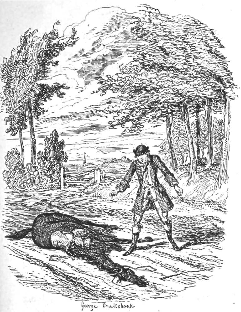 Death of Black Bess — eleventh George Cruikshank illustration for  Ainsworth's Rookwood. A Romance (1834, il. 1836)