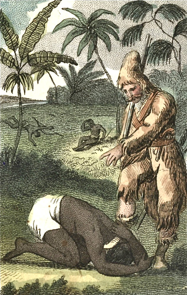 Friday&#39;s first interview with Robinson Crusoe&quot; [Plate 7] — Illustrated  Edition of &quot;Robinson Crusoe&quot; (1818)