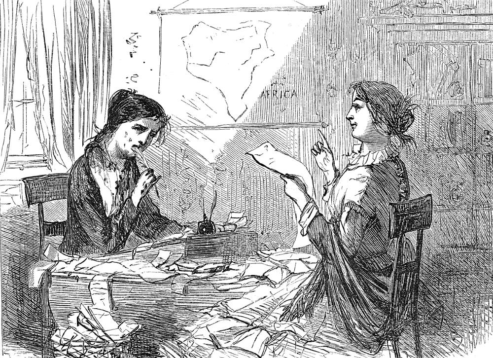 Mrs. Jelleby and Caddy" — Sol Eytinge, Jr.'s second illustration for  Dickens's "Bleak House" (1867)