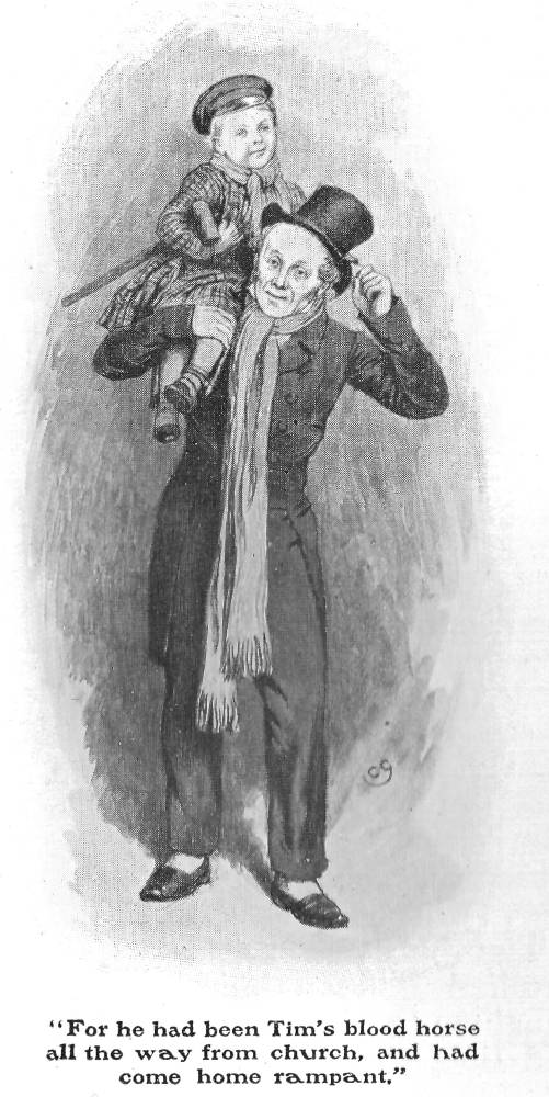 Bob Cratchit and Tiny 'For he had been Tim's blood horse all the way home from church, and had come home rampant'" — Green's sixteenth illustration for "A Christmas Carol" (1912)