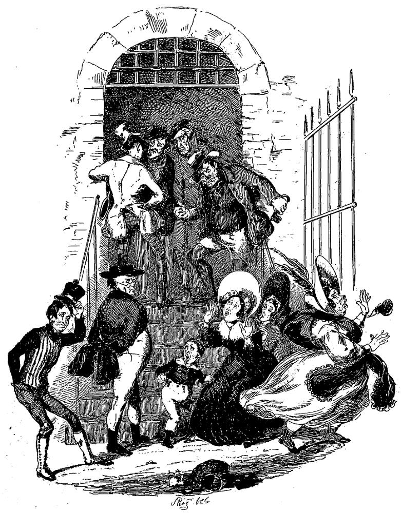 Mrs. Bardell encounters Mr. Pickwick in the prison