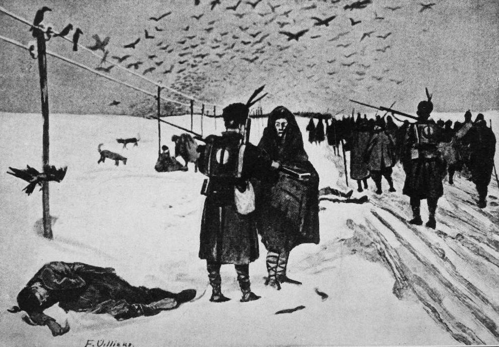 Wintry war-torn landscape with men marching, some bodies lying on the ground too