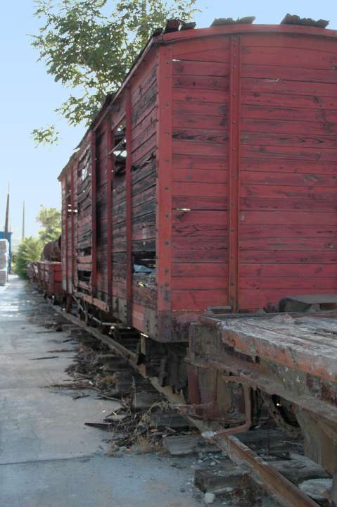 Front end of red wooden caboose