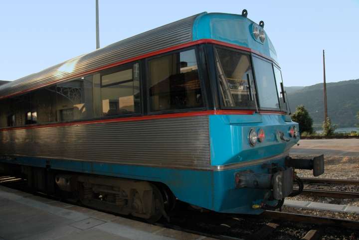 Self-powered diesel commuter car at the station at Pocinho, Portugal