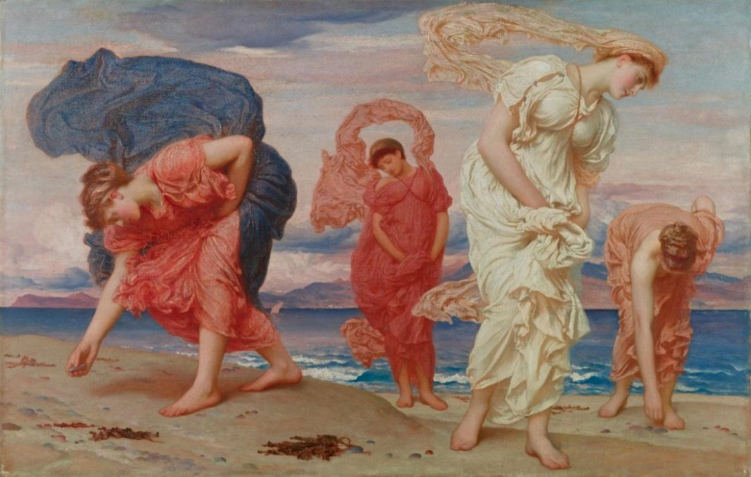 Greek girls Picking up Pebbles by the Sea