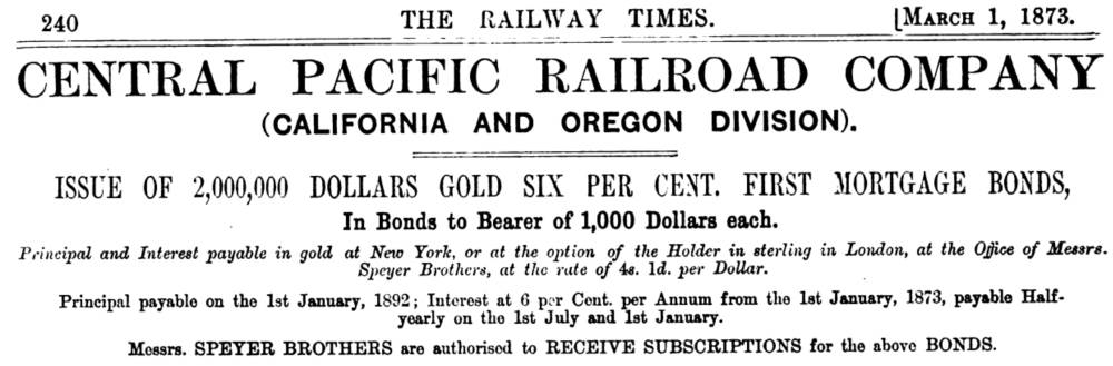 $1,000 Bond Central Pacific Railway Co 