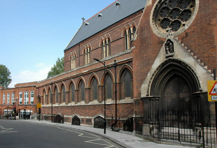 Side with entrances, St. Mary Magdalene in Paddington, by G. E. Street