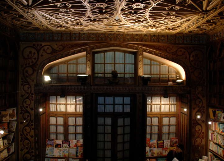 Ceiling and back end of shop, Livraria Chardron, 144 Rua das Carmelitas, Porto, Portugal