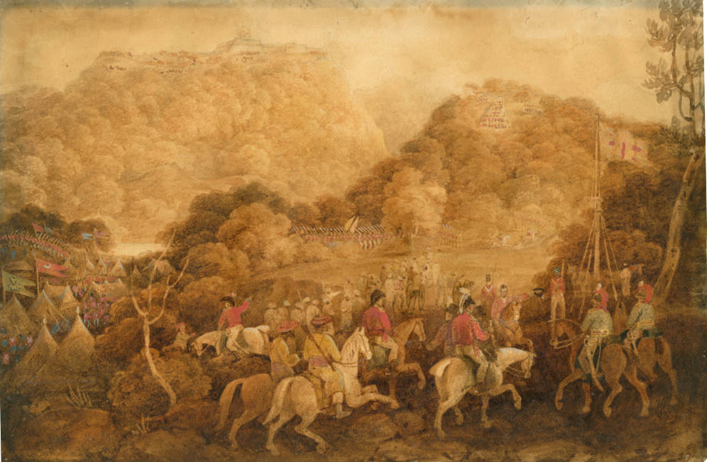 British cavalry and infantry marching to attack Indian hill fortress