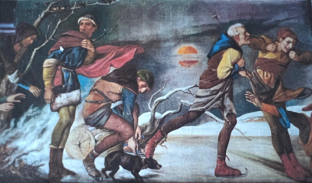 skating scene with Weekes's self-portrait
