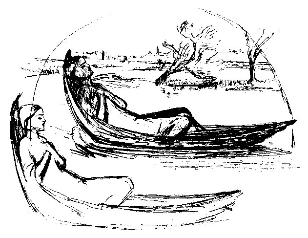 Sketch for the Lady of Shalott — the Lady in her boat