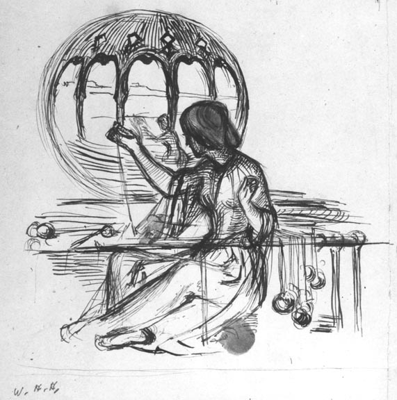 Sketch for the Lady of Shalott — the lady sitting cross-legged